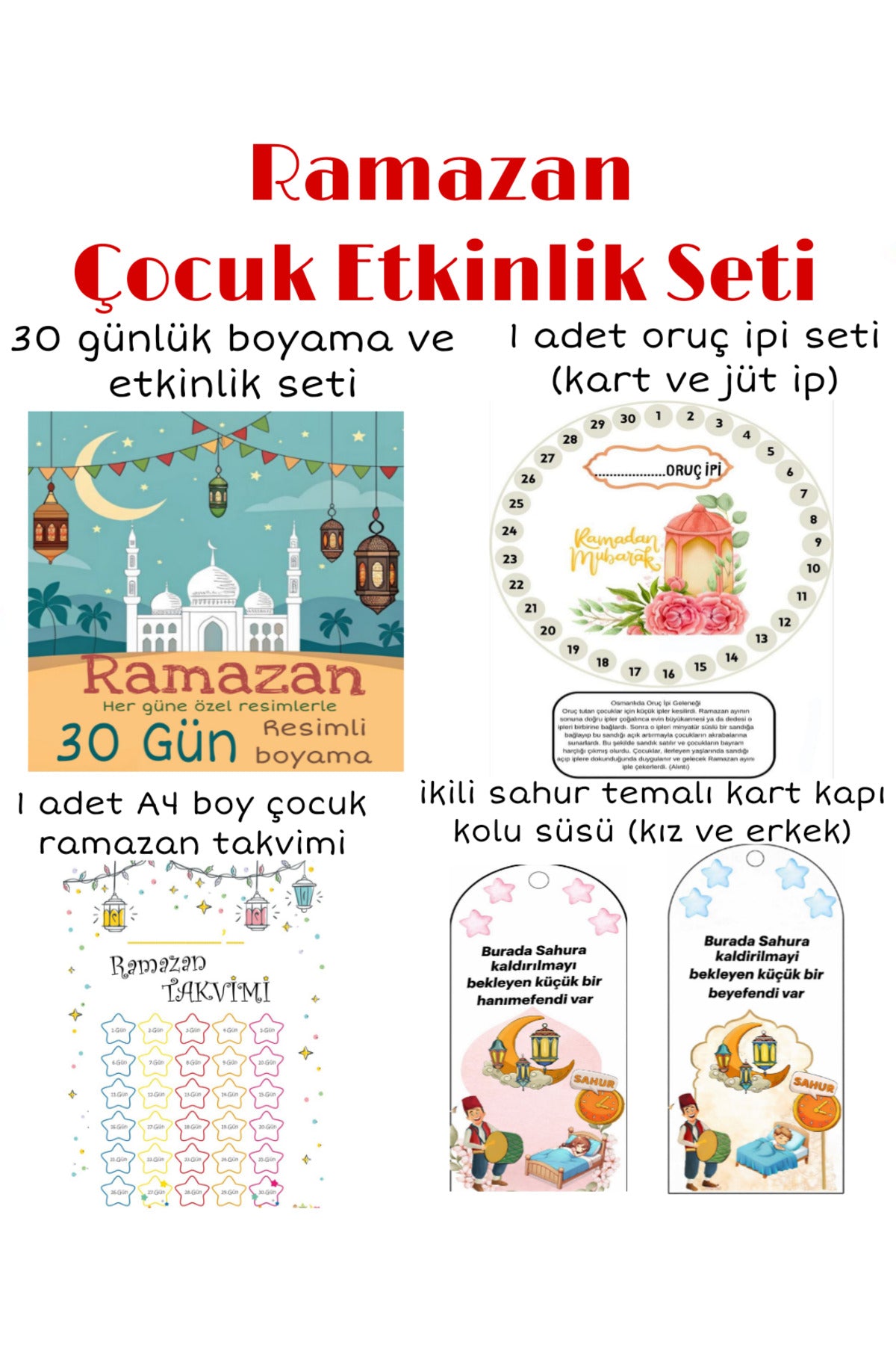 Ramazan Çocuk Etkinlik Seti – Boyama, Oruç İpi, Ramazan Takvimi ve Sahur Kapı Süsü