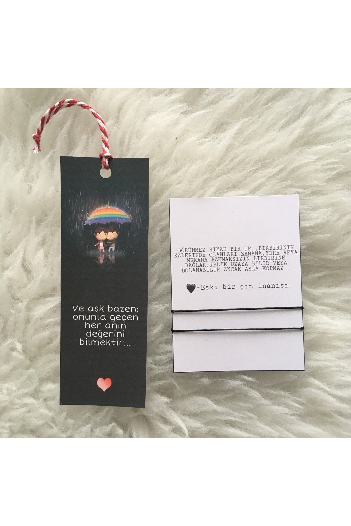 Sevgiliye Hediye Sevgililer Günü Hediyesi Siyah Ip Bileklik& Kart Kitap Ayraç