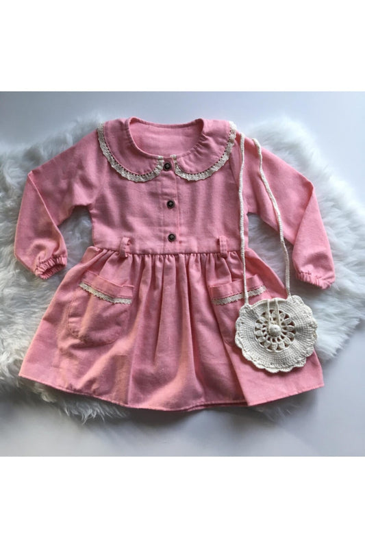 Kız Çocuk Bebe Yaka Elbise Çanta Set